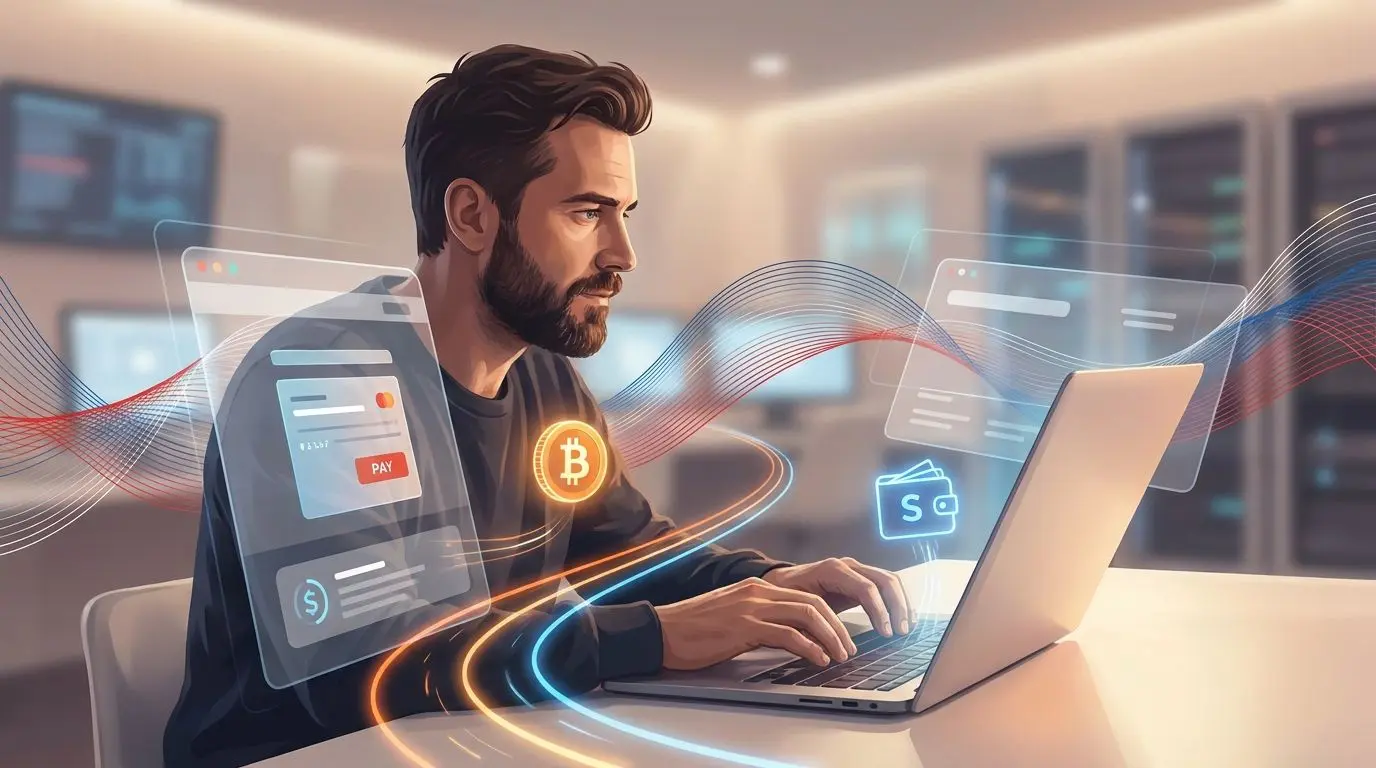Ilustrace českého hráče s Bitcoin a Skrill motivem