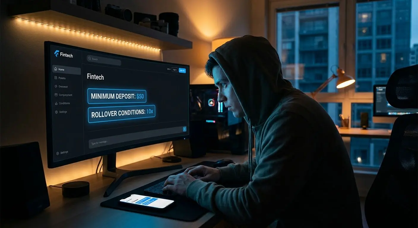 Uživatel čte podmínky bonusu a minimální vklad