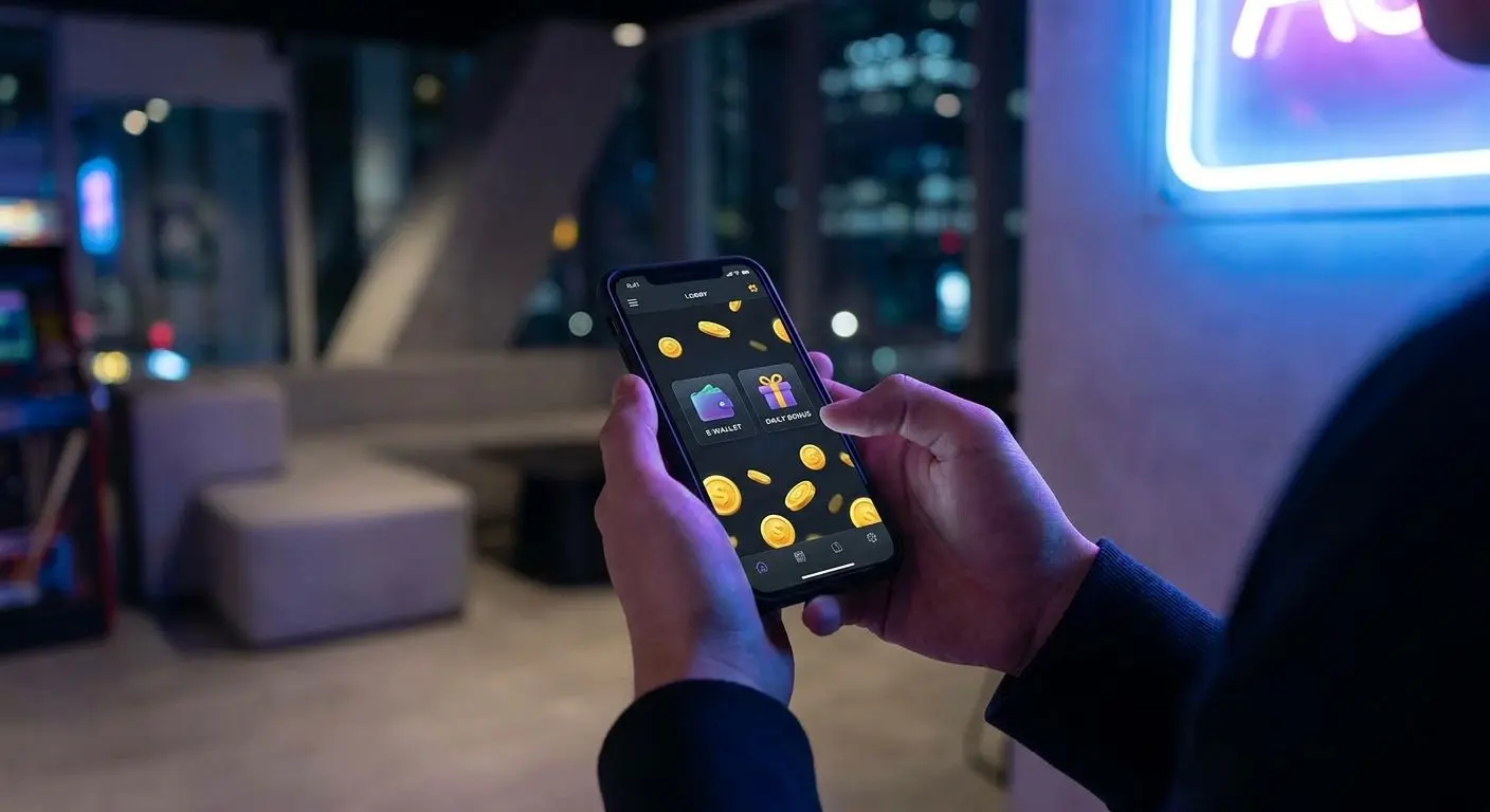 Hráč používá mobilní rozhraní se Skrill a bonusovými ikonami
