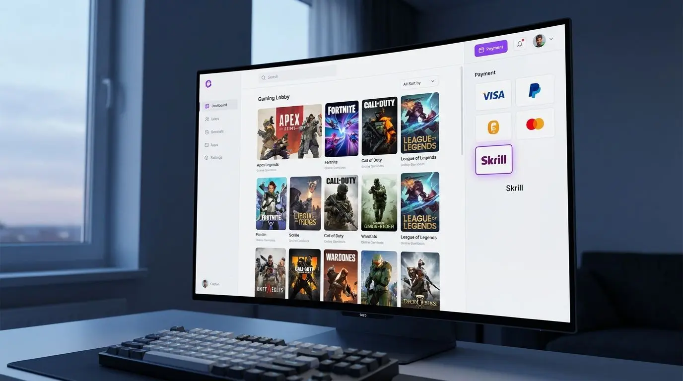 Přehled lobby Grandwin s výběrem her a zvýrazněnou metodou Skrill