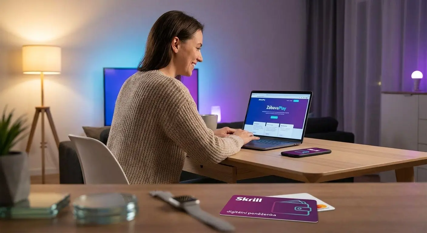 Hráč u notebooku a mobilu s online platformou a ikonami Skrill