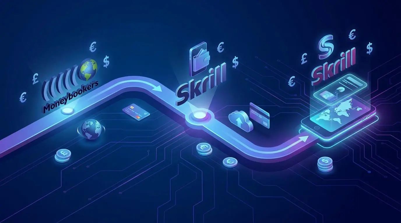 Časová osa vývoje značky Skrill od Moneybookers k digitální peněžence