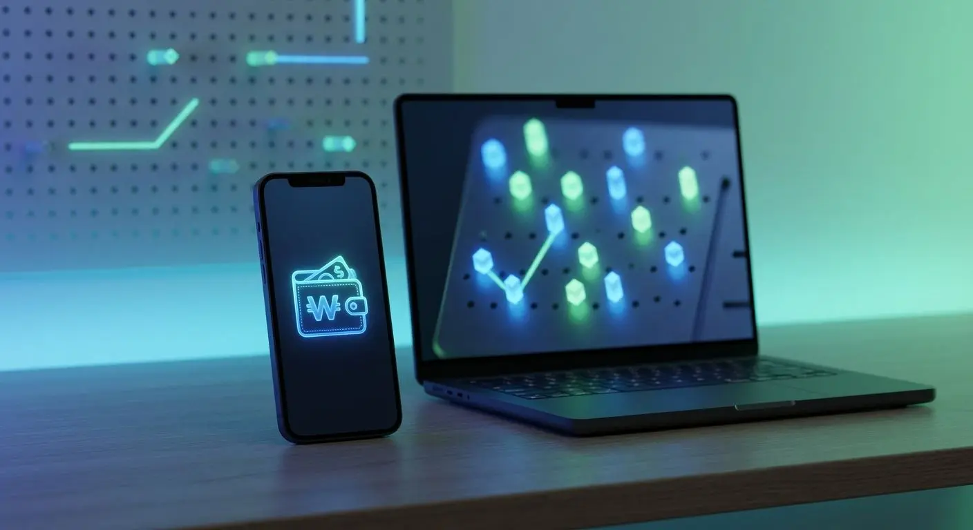 Mobil a notebook s ikonou Skrill a stylizovanou Plinko scénou