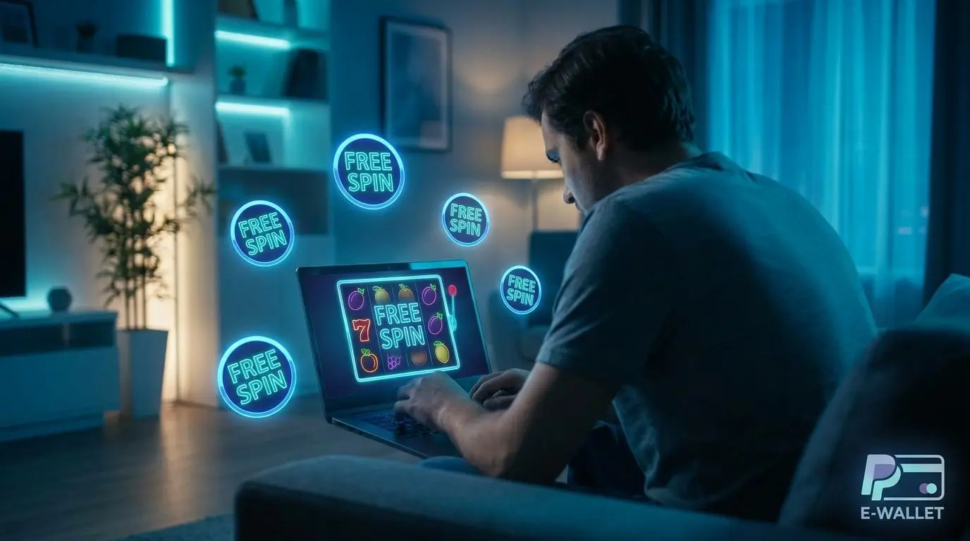 Hráč u notebooku s free spins a e-peněženkou