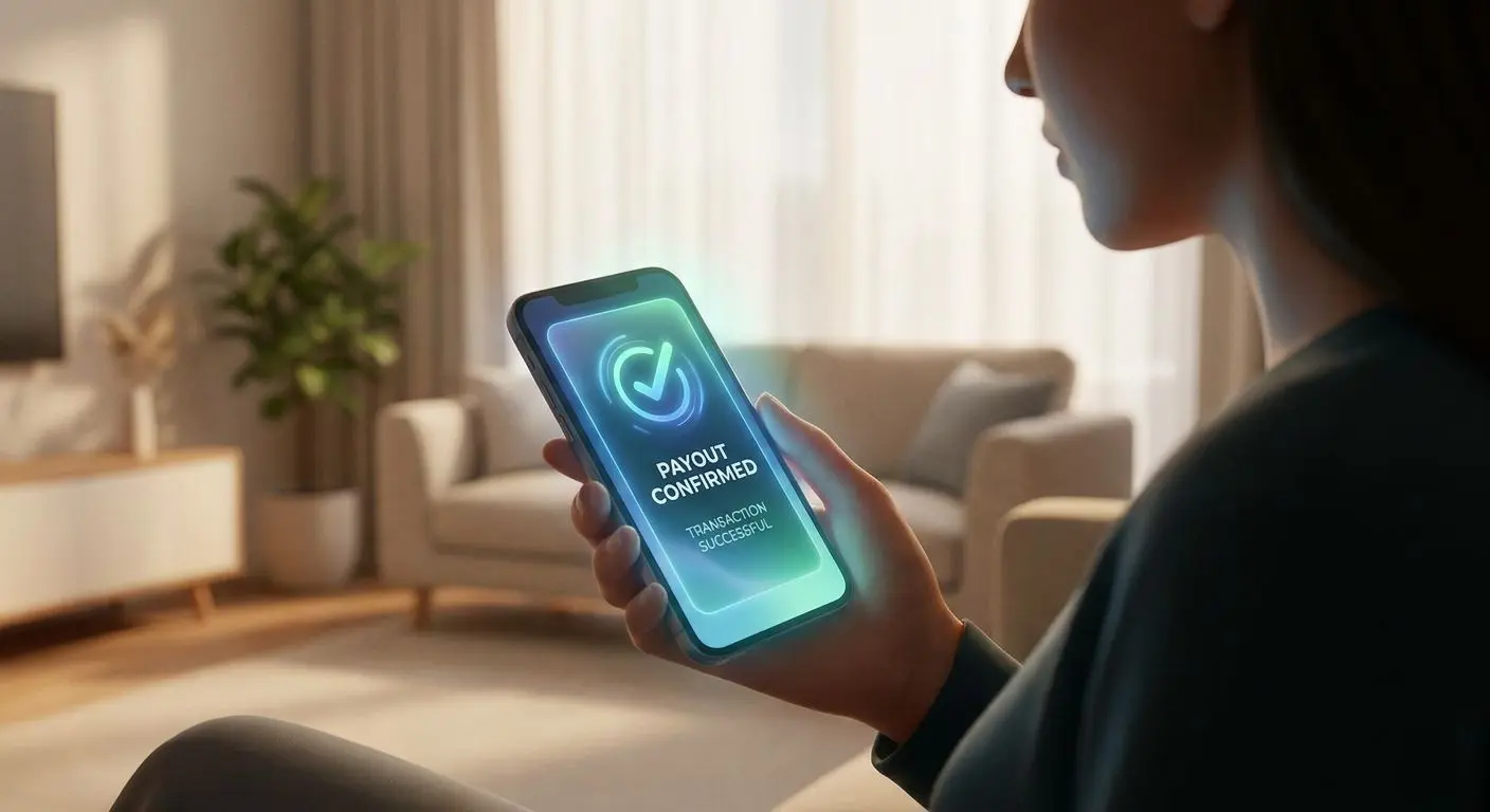 Hráč sleduje na mobilu potvrzení úspěšné výplaty do online peněženky