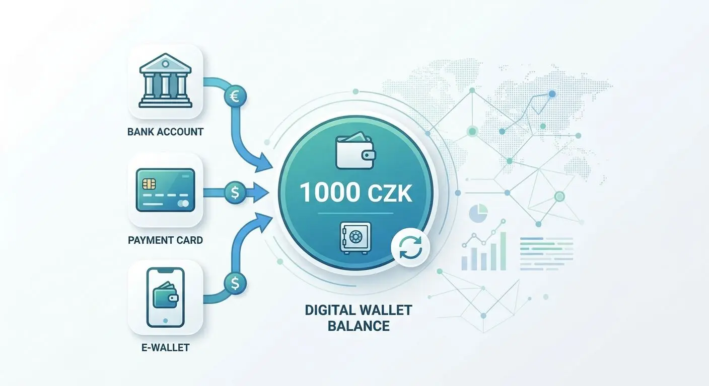 Schéma převodu 1000 Kč z banky a karty do Skrill peněženky