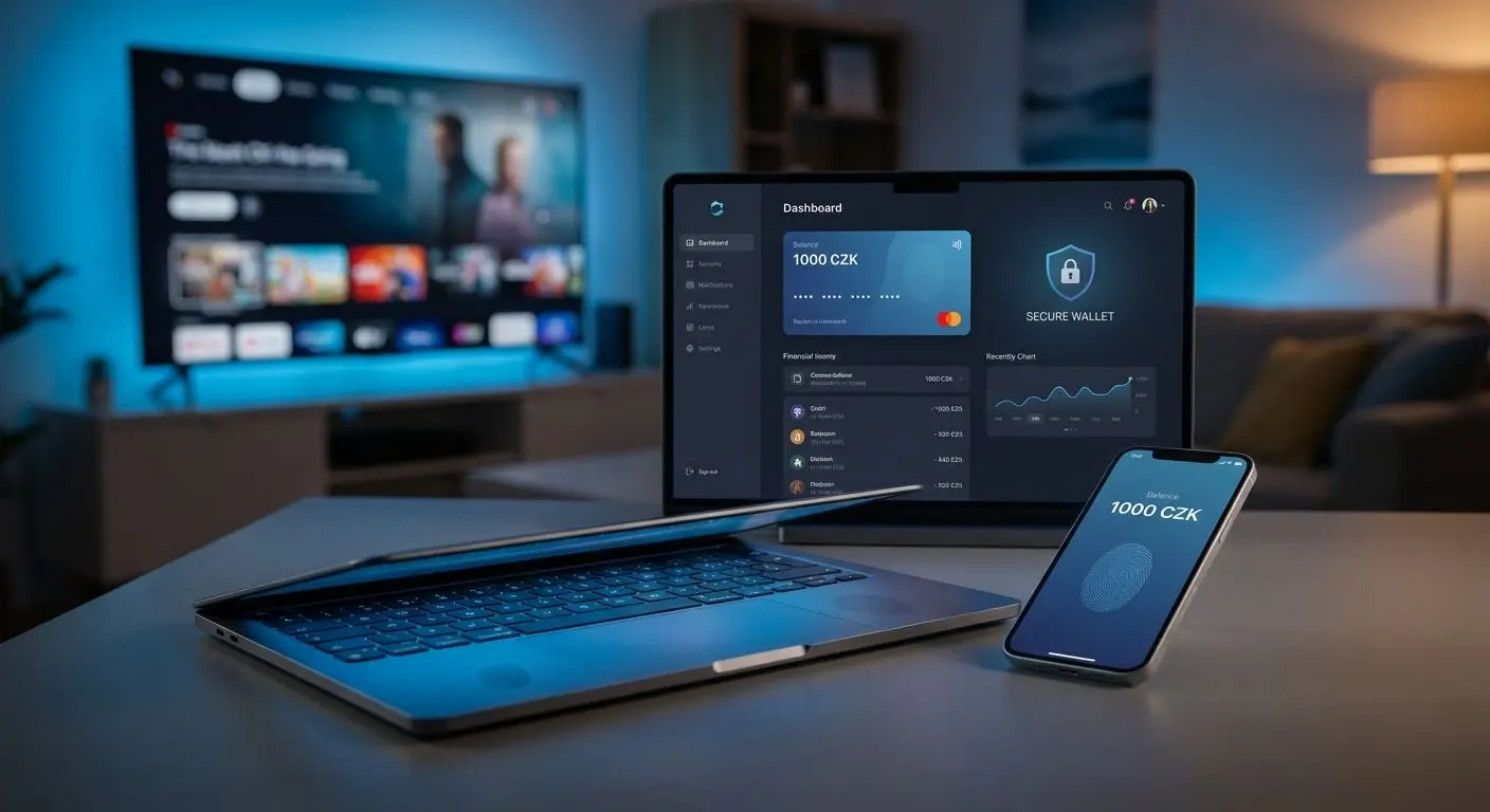 Notebook a mobil s otevřenou peněženkou a zůstatkem 1000 Kč