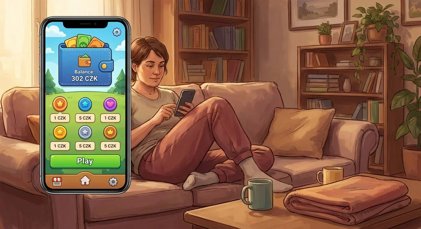 Hráč s mobilem vybírá hru při rozpočtu 300 Kč