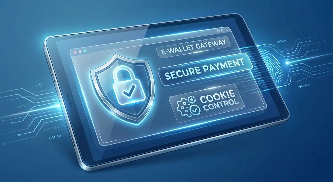Zabezpečená online platba s ikonou zámku a kontrolovanými cookies